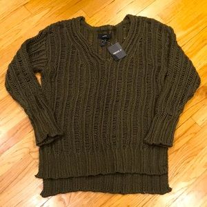 NWT F21 FOREVER 21 Olive Army Green V Neck Sheer Holey Sweater Sz M
